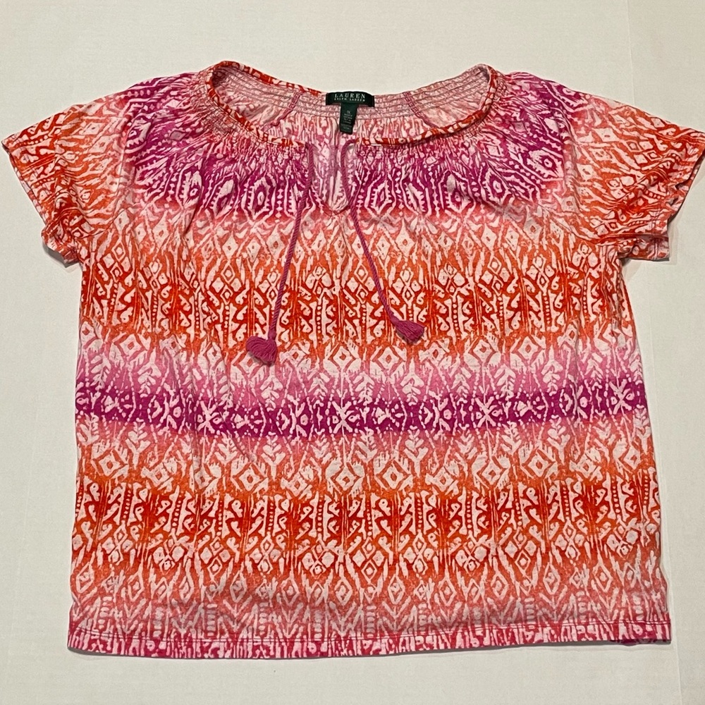 Lauren Ralph Lauren Pink Purple Orange Geometric V-Neck Blouse Plus Womens 1X